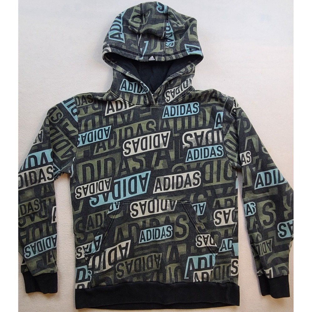 Adidas Boys Youth L 14/16 Pullover Hoodie All Over Spellout Logo Green